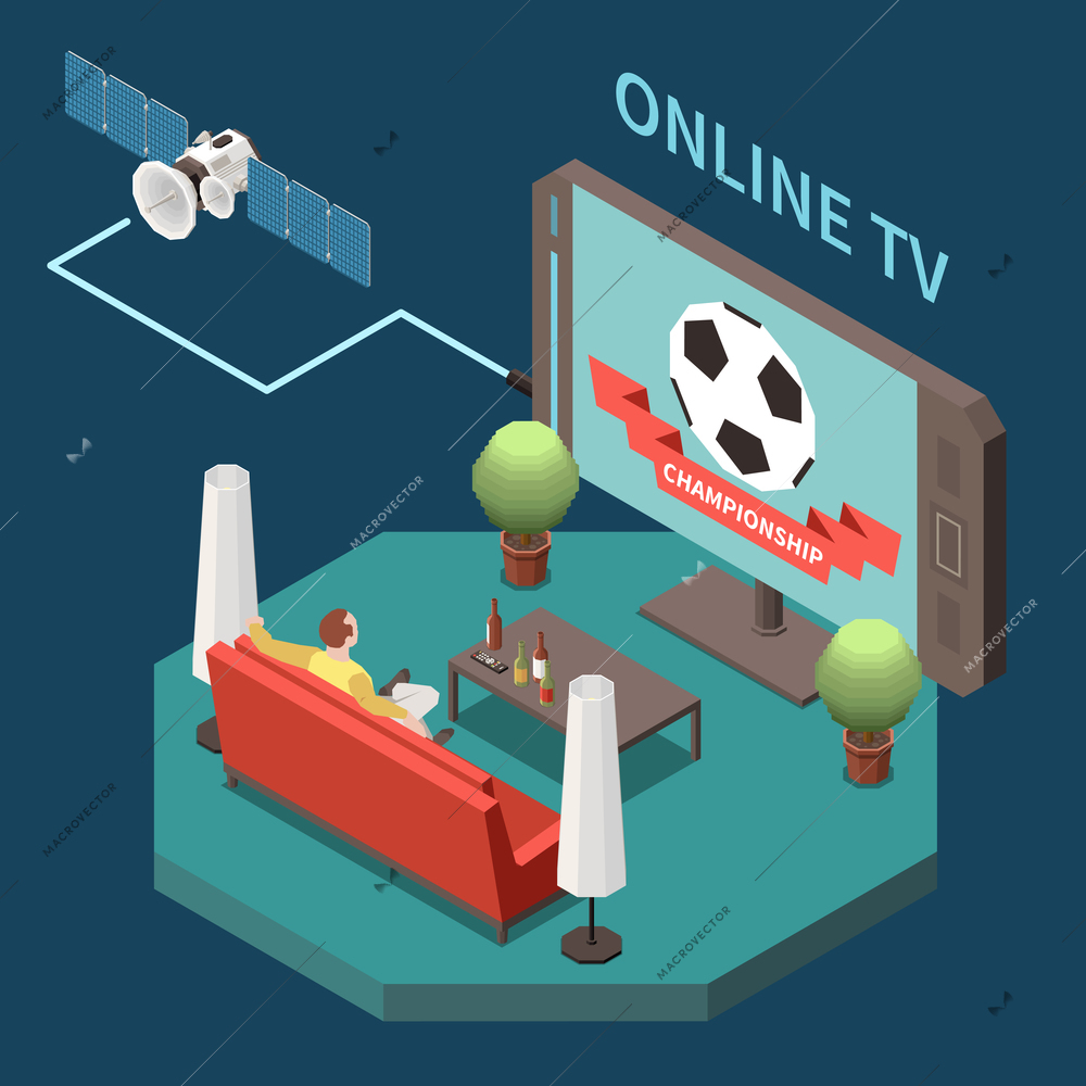 Telecommunication isometric composition with man watching satellite online tv at home 3d vector illustration