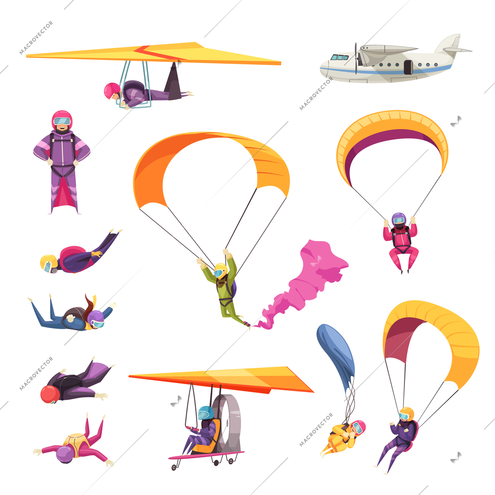 Skydiving extreme sport elements flat icons collection with parachute jump free fall airplane glider isolated vector illustration