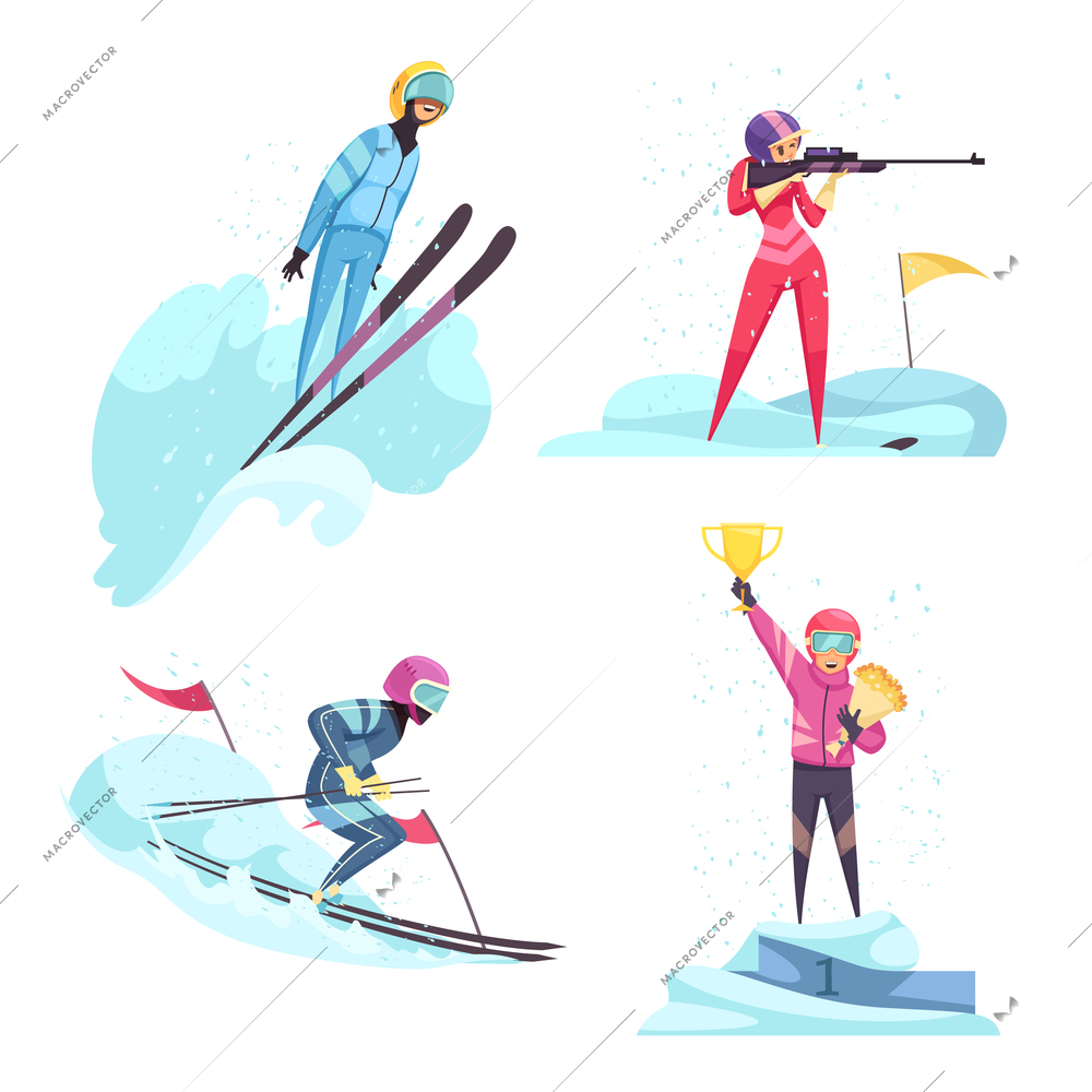 Winter sports concept icons set with skiing and biathlon symbols flat isolated vector illustration