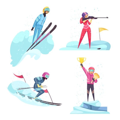 Winter sports concept icons set with skiing and biathlon symbols flat isolated vector illustration