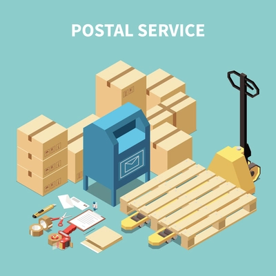 Postal service isometric composition with cardboard boxes and stationery objects