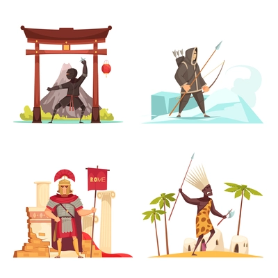 Ancient warriors concept icons set with national weapons flat vector illustration