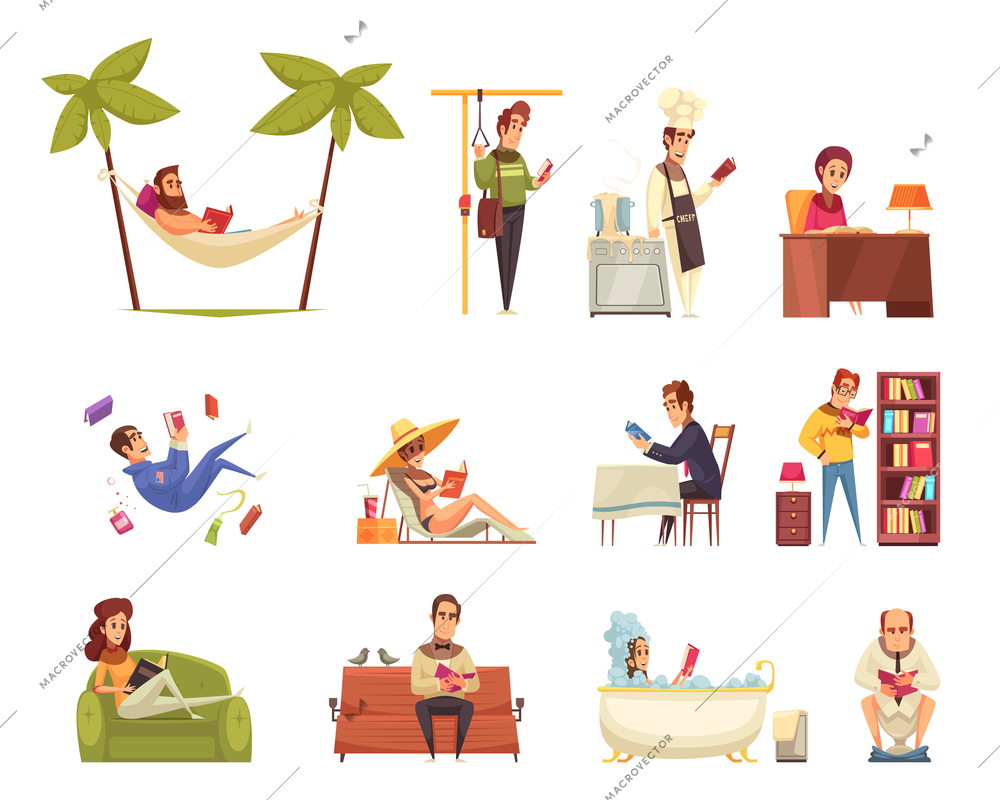 People reading books set with with library and beach reading symbols flat isolated vector illustration