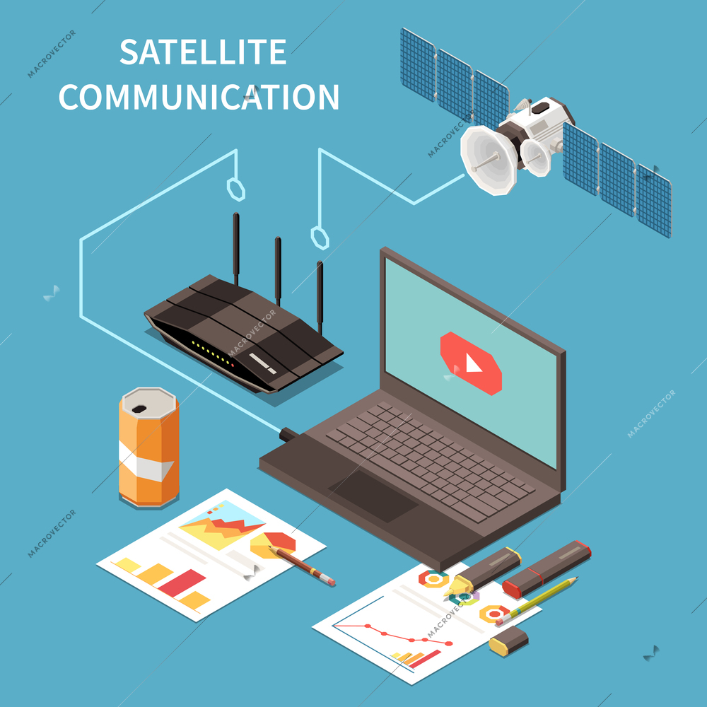 Telecommunication isometric composition with laptop router satellite on blue background 3d vector illustration