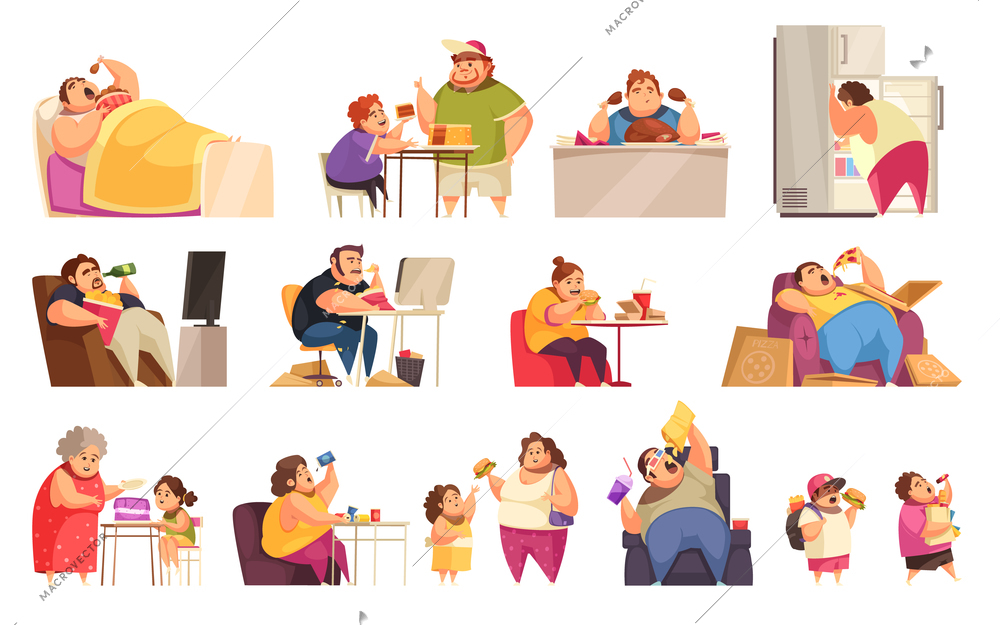 Gluttony icons set with obsessive eating symbols flat isolated vector illustration