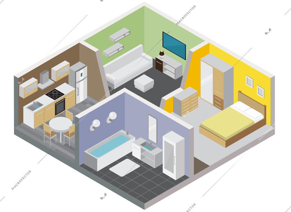 Two rooms apartment design concept with kitchen bathroom bedroom and living room isometric vector illustration