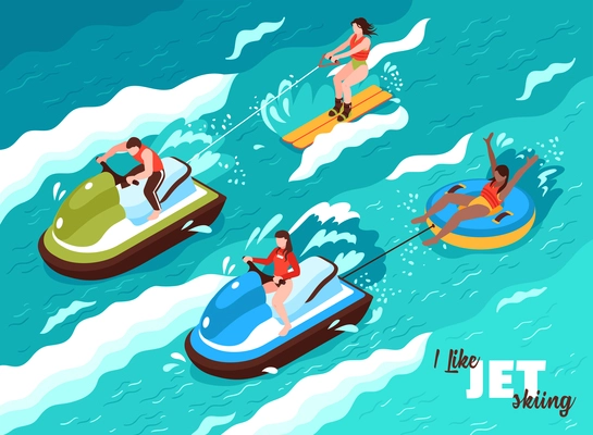 Summer water sport isometric poster on sea waves background with people involved in jet skiing vector illustration