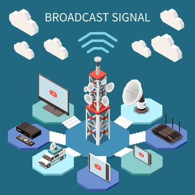 Broadcasting isometric composition with satellite aerials and electronic devices 3d vector illustration