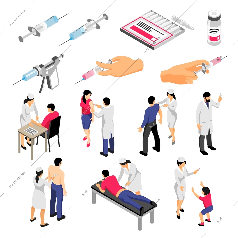 Human characters during vaccination and syringes with medical products set of isometric icons isolated vector illustration