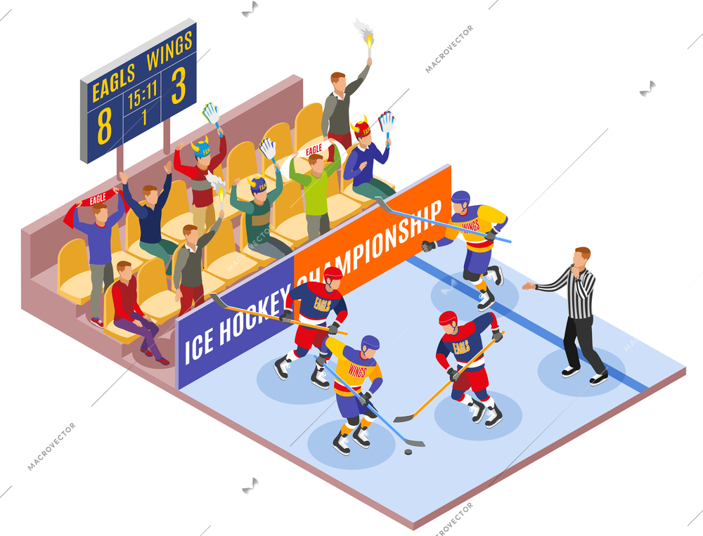 Winter sports isometric composition illustrated ice hockey championship with players on field and spectators in fan zone  vector illustration