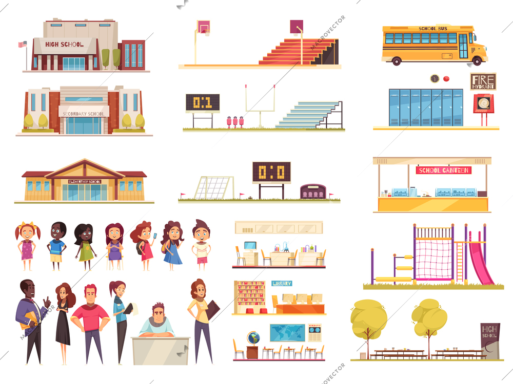 School territory elements classes library and canteen teachers and pupils set of cartoon icons isolated vector illustration