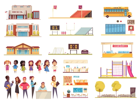 School territory elements classes library and canteen teachers and pupils set of cartoon icons isolated vector illustration