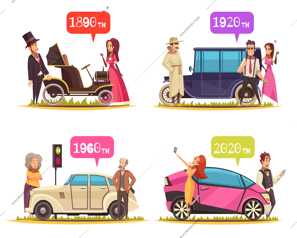 Human characters and ground transportation from ancient time till today cartoon design concept isolated vector illustration
