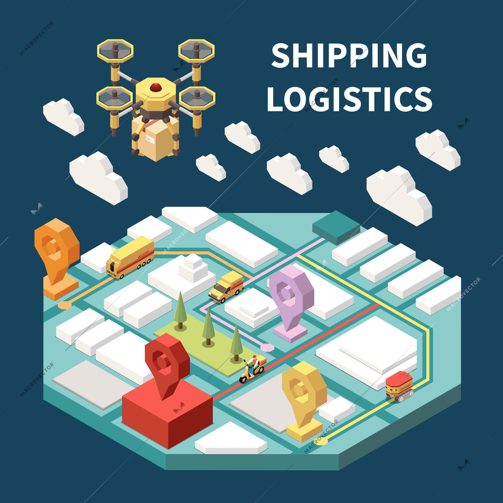 Logistics isometric composition with modern drone delivering parcel 3d vector illustration