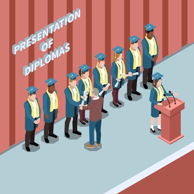 Isometric composition with university graduates at presentation of diplomas ceremony 3d vector illustration
