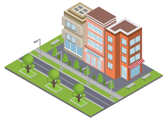 Suburbia buildings concept with real estate and ownership symbols isometric vector illustration