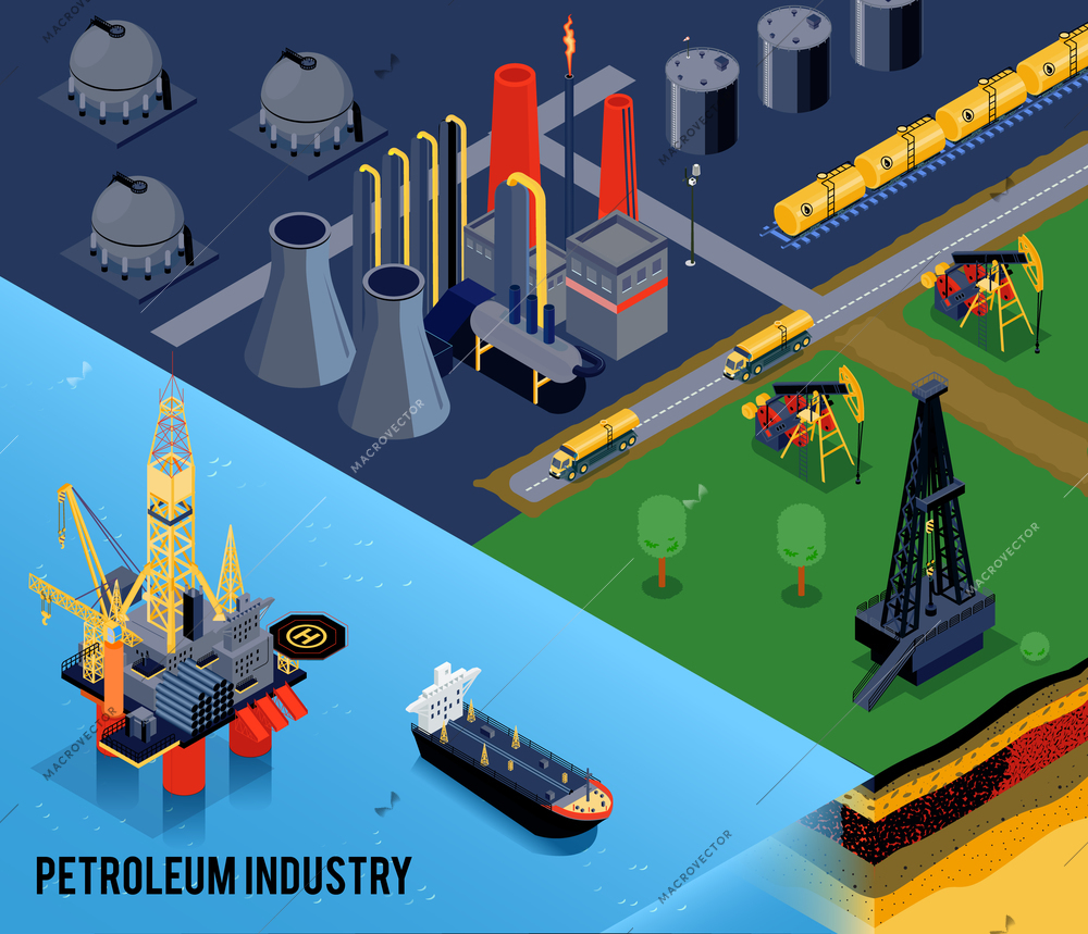 Isometric oil industry composition with petroleum industry headline and landscape of the city vector illustration