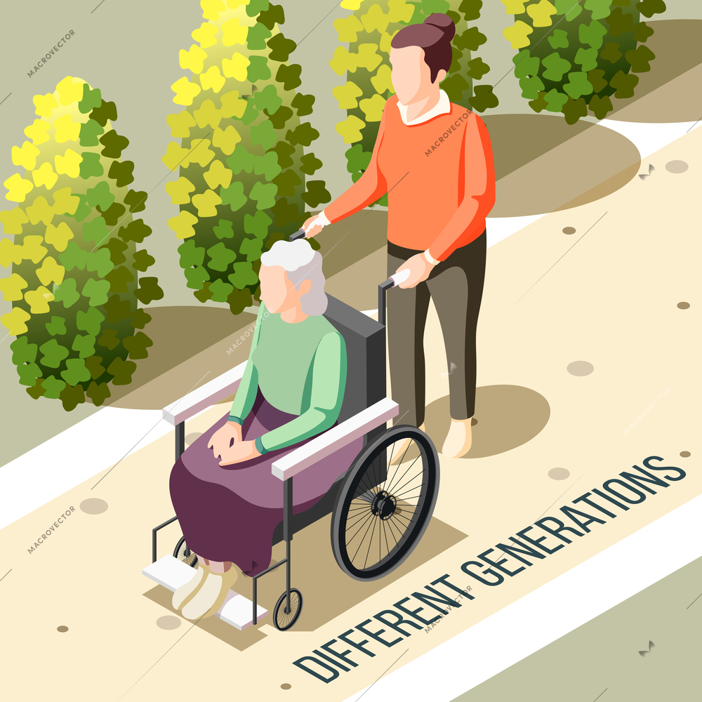 Different generations isometric background with  elderly disabled woman sitting in wheelchair and young nursing person vector illustration