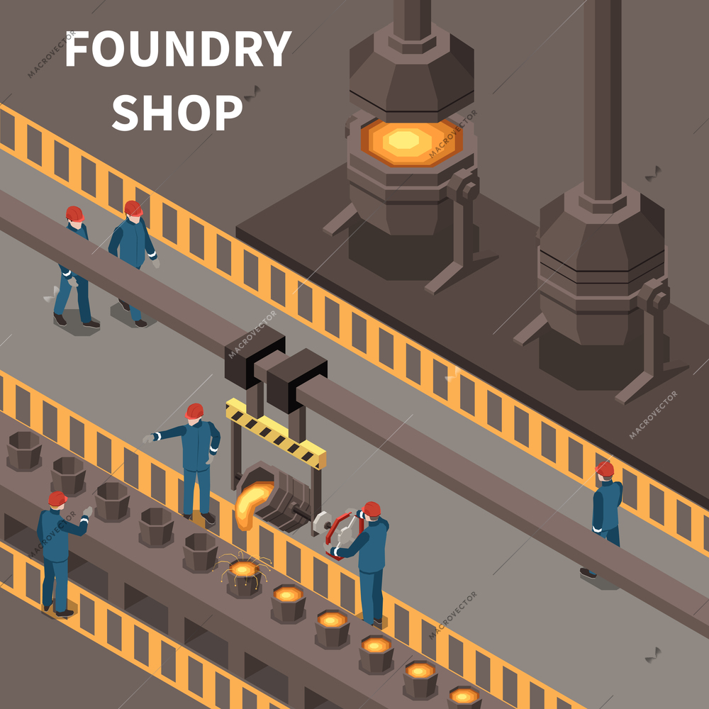 Isometric composition with foundry workers and metal industry equipment 3d vector illustration