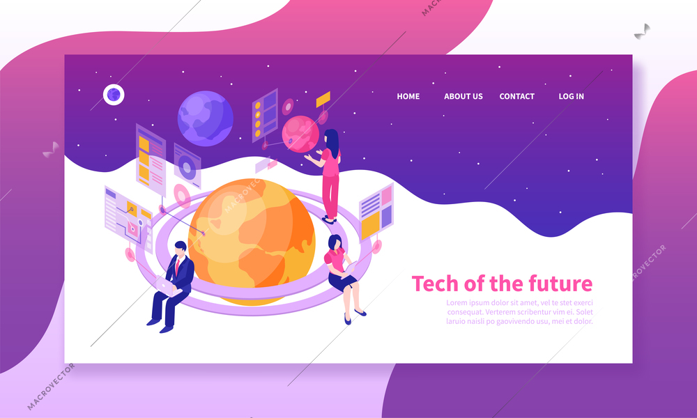 Isometric horizontal banner with people using future technologies on colorful background 3d vector illustration