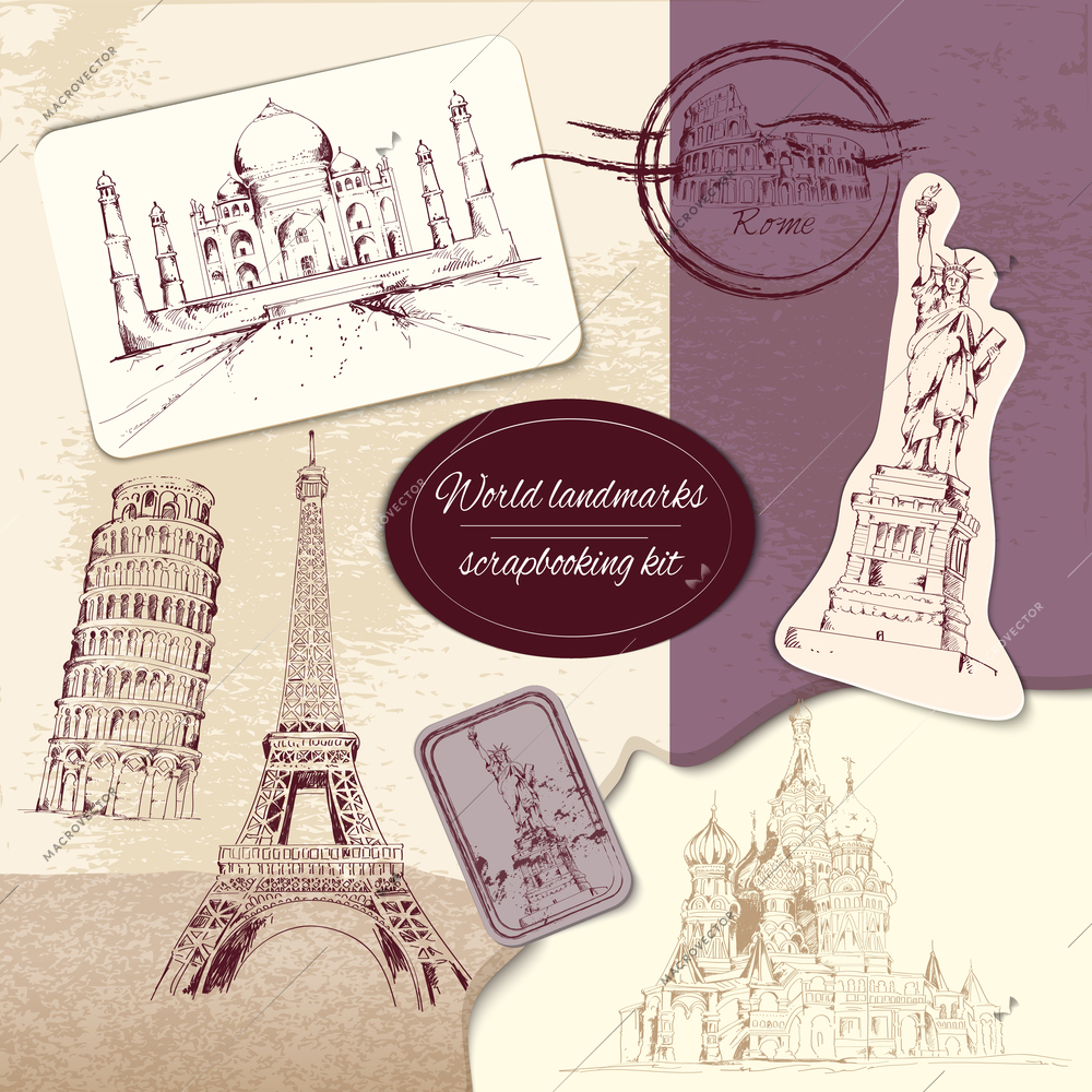 World landmark sketch scrapbooking kit with stickers badges and drawings vector illustration.