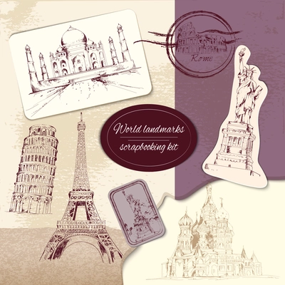 World landmark sketch scrapbooking kit with stickers badges and drawings vector illustration.