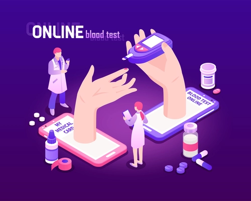 Telemedicine isometric background with online blood test process 3d vector illustration