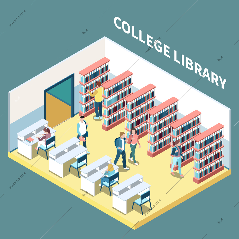 Isometric composition with students studying in college library 3d vector illustration