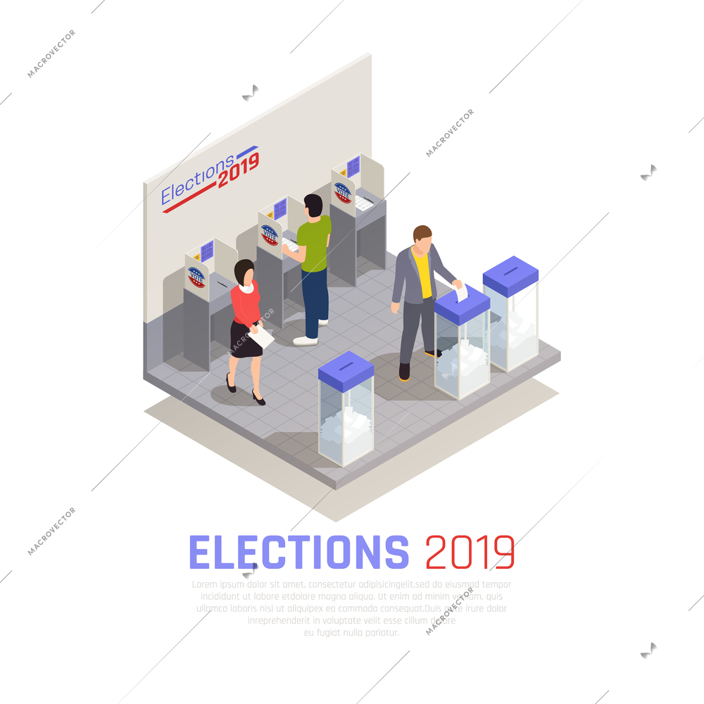 Elections and voting isometric concept with ballot box and people vector illustration