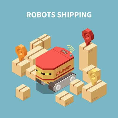 Isometric composition with robot delivering goods in cardboard boxes on blue background 3d vector illustration