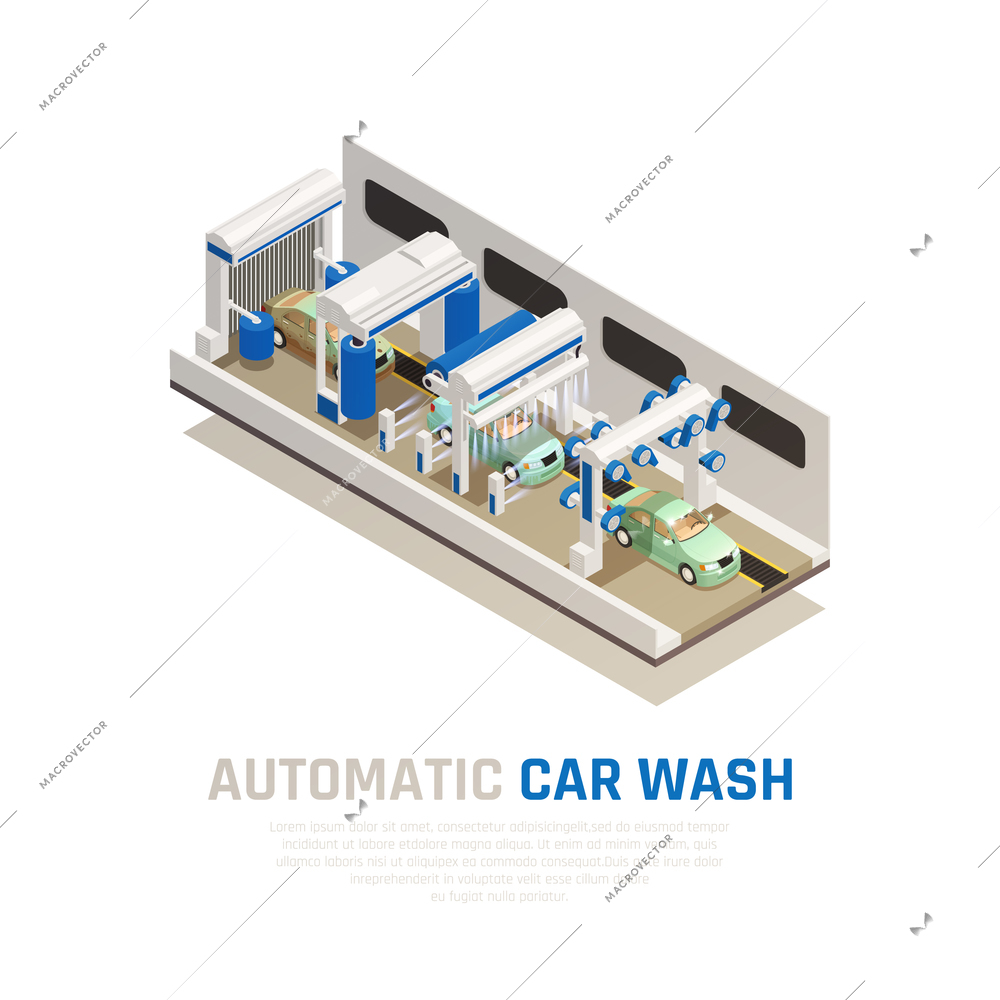 Carwash service isometric consept with automatic car wash symbols vector illustration