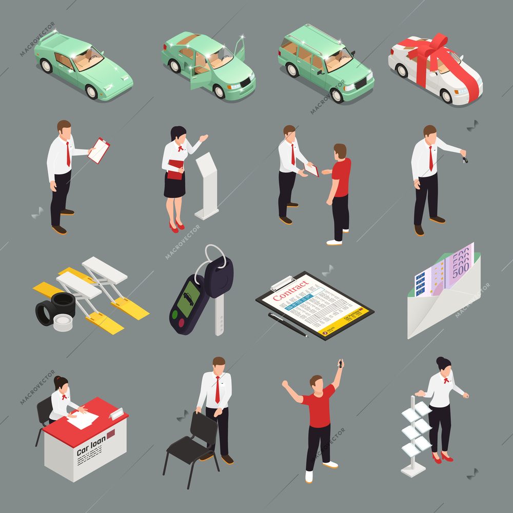 Car dealership icons set with car sale  symbols isometric isolated vector illustration