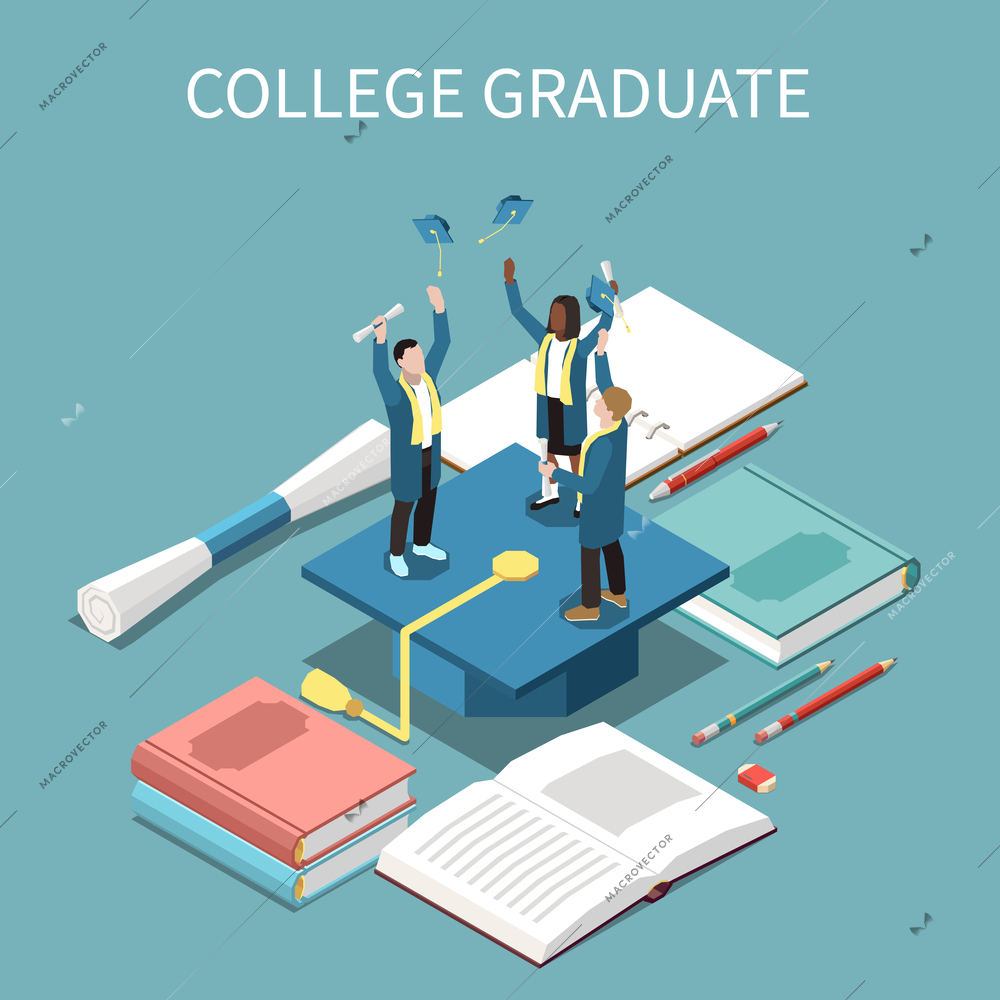 Isometric composition with cheerful college graduates books and blue cap 3d vector illustration