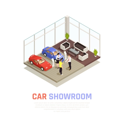 Car dealership concept with car purchase  symbols isometric vector illustration