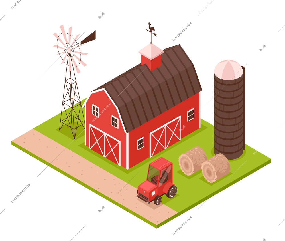 Isometric farm composition with outdoor view of farmsteading house with wind spinner tower and agrimotor images vector illustration
