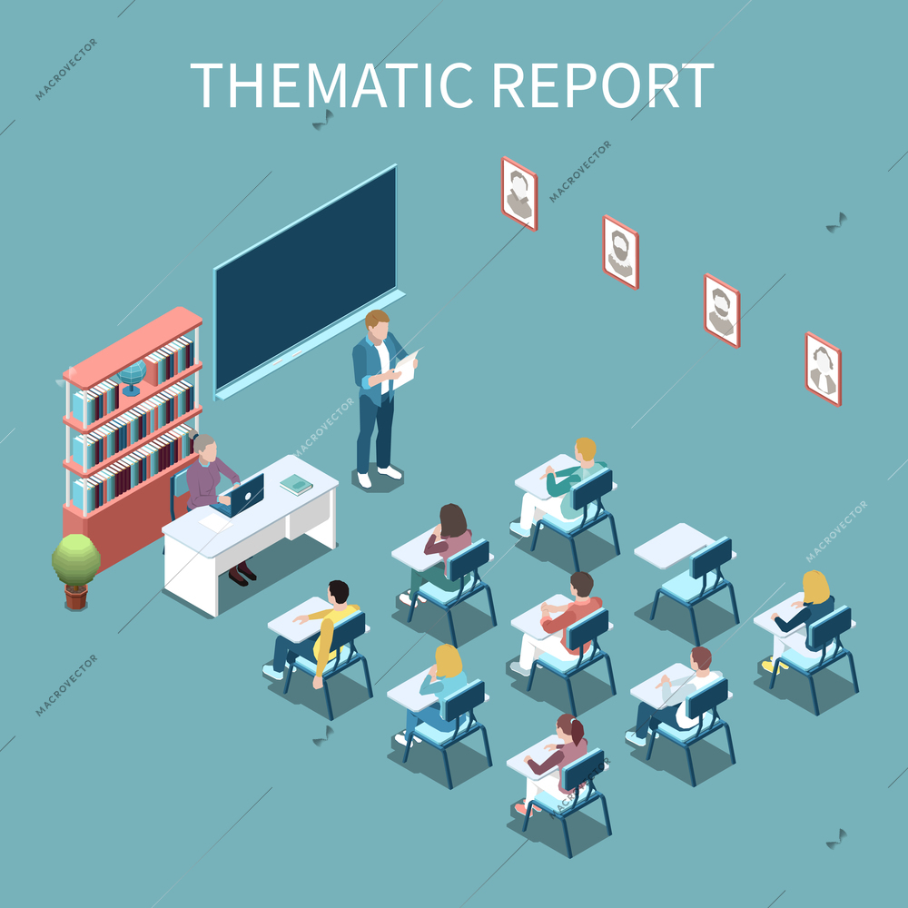 University student making thematic report in front of class isometric composition 3d vector illustration