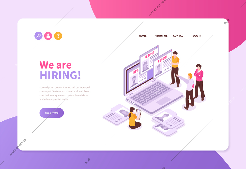 Isometric job search recruitment concept banner website page with laptop application sheets and people with text vector illustration