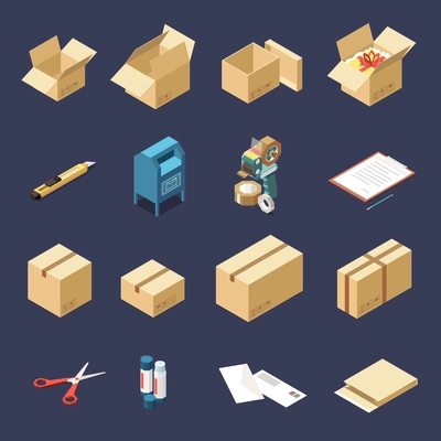 Cardboard delivery boxes and tools for packaging isometric icons set isolated on blue background 3d vector illustration