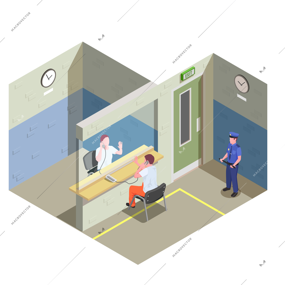 Jail isometric composition with non contact telephone visitation glass partition and watching prison security guard vector illustration