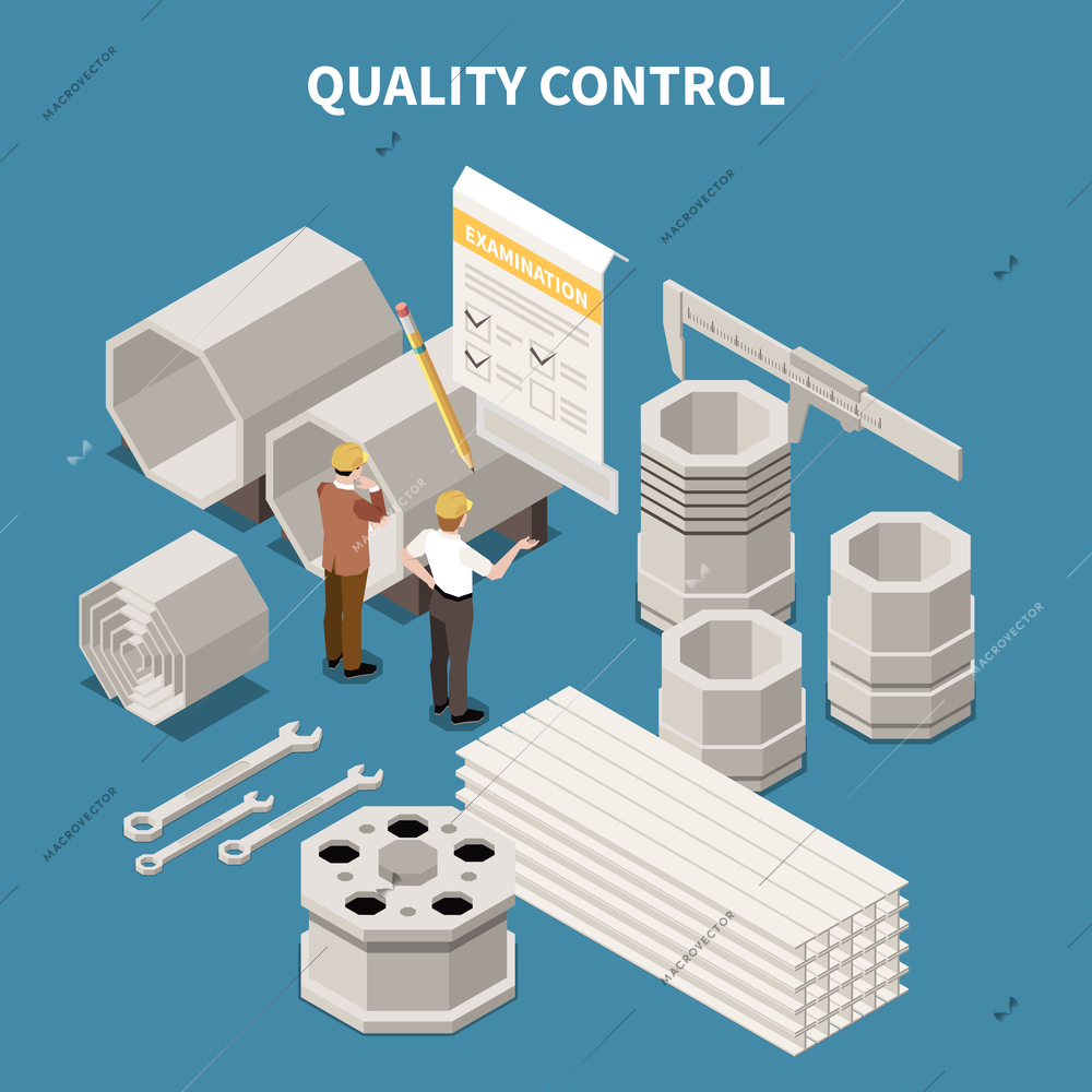 Isometric composition with metal industry products and workers doing quality control 3d vector illustration