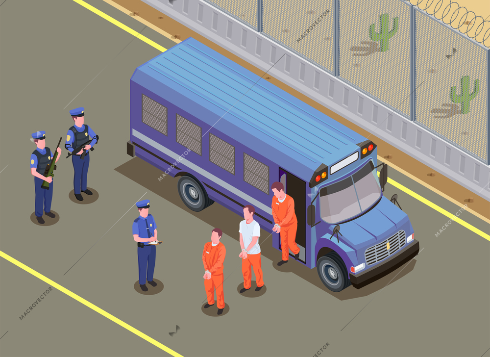 Prisoners transportation isometric composition with security guards watching convicted criminals in uniform stepping off van vector illustration