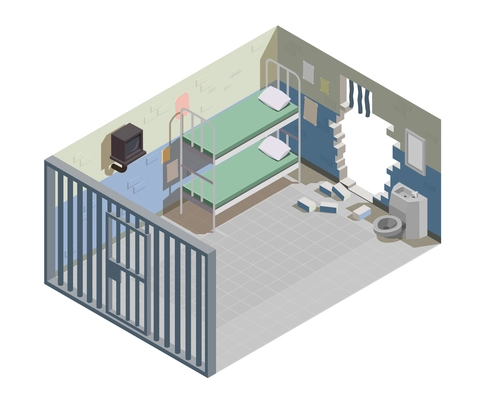 Empty prison cell for two inmates with broken wall and escaped jailed criminals isometric composition vector illustration