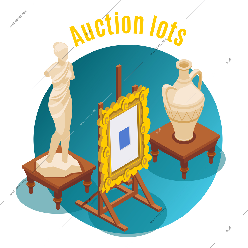 Auction isometric and colored background auction lots headline and round shape emblem vector illustration