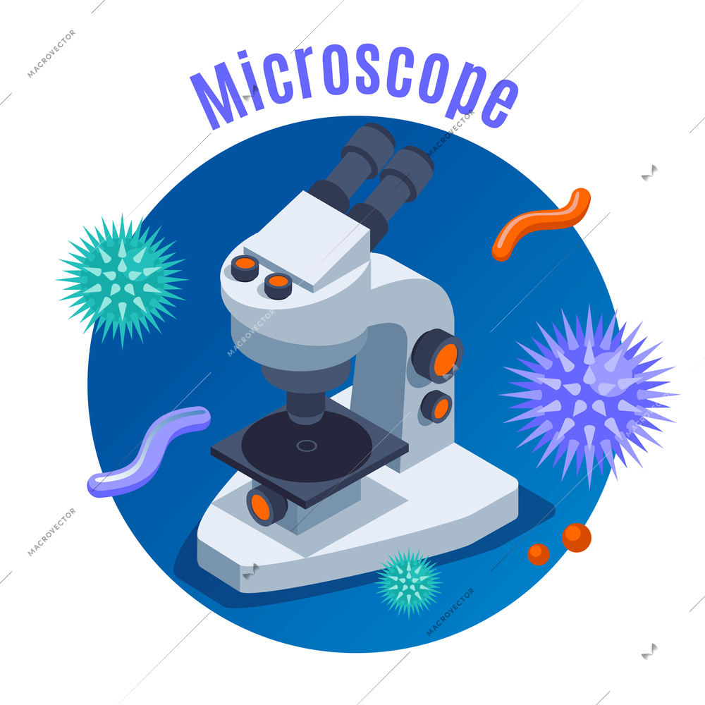 Microbiology isometric background with round composition microscope and different isometric science elements vector illustration