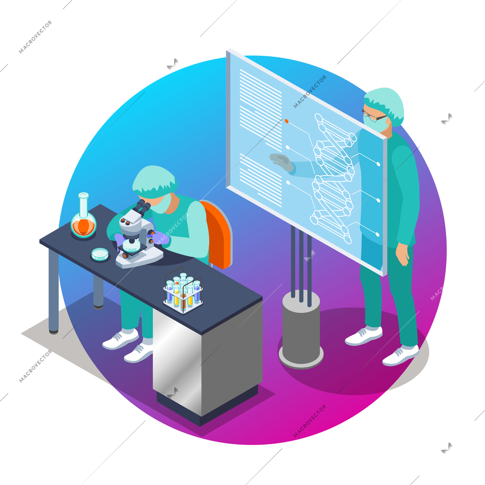 Microbiology isometric emblem with two scientist people who work at the lab vector illustration