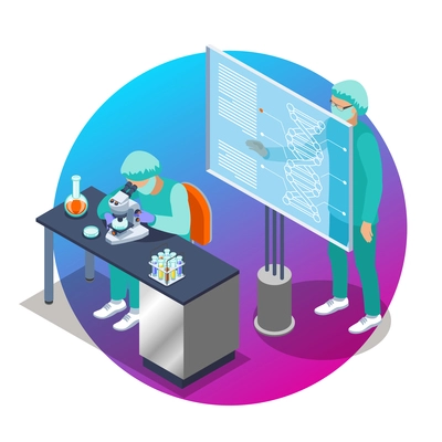 Microbiology isometric emblem with two scientist people who work at the lab vector illustration