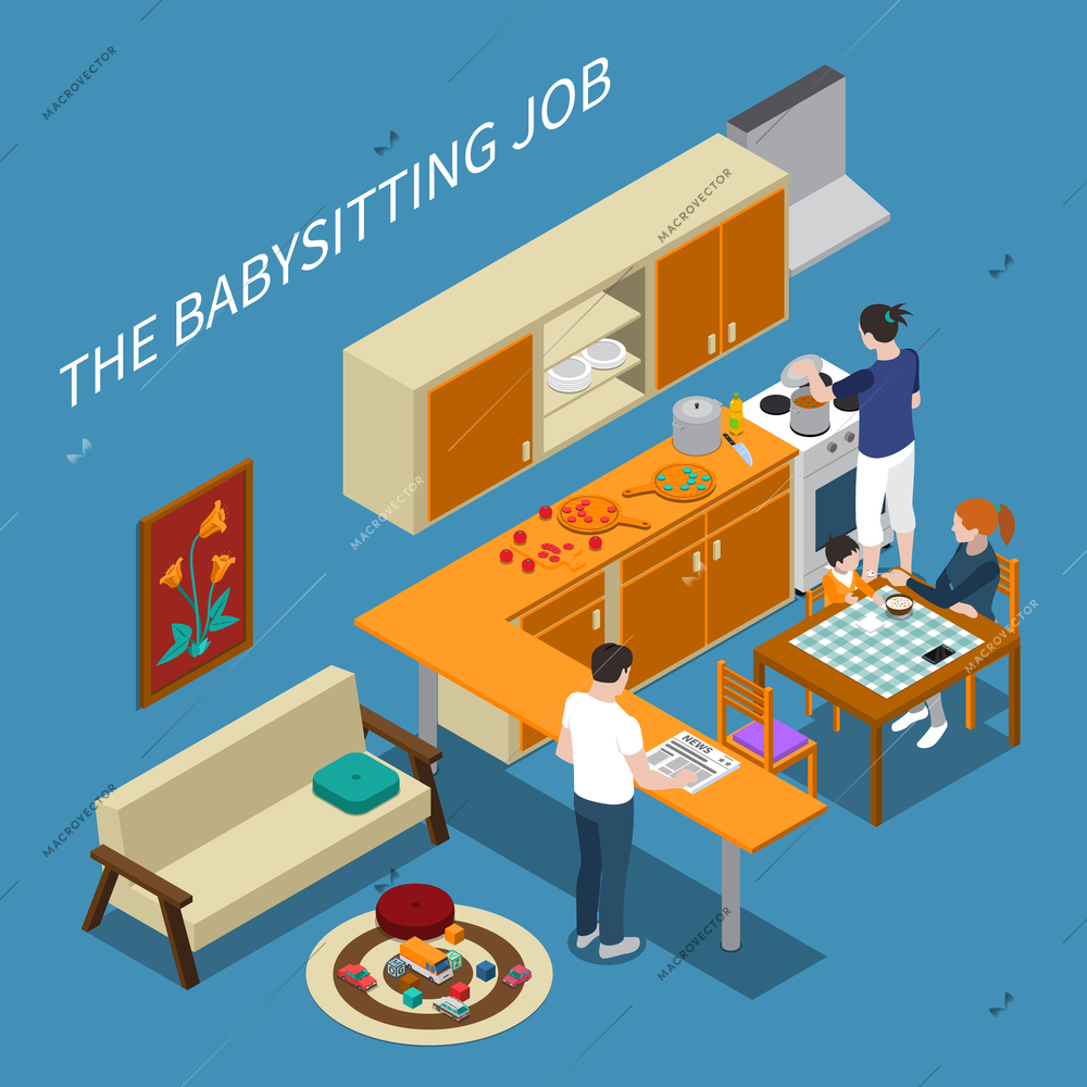 Isometric composition with babysitter feeding boy and parents cooking and reading newspaper 3d vector illustration