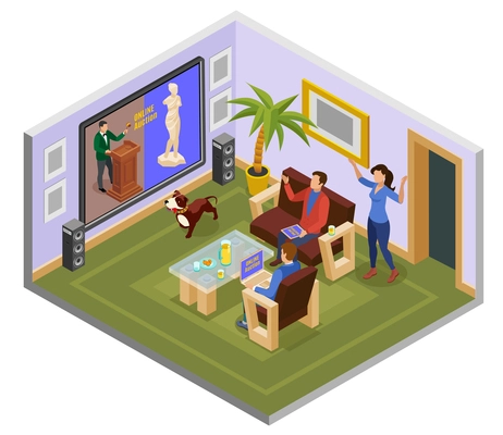 Auction isometric composition with man on the couch at home watch auction online vector illustration