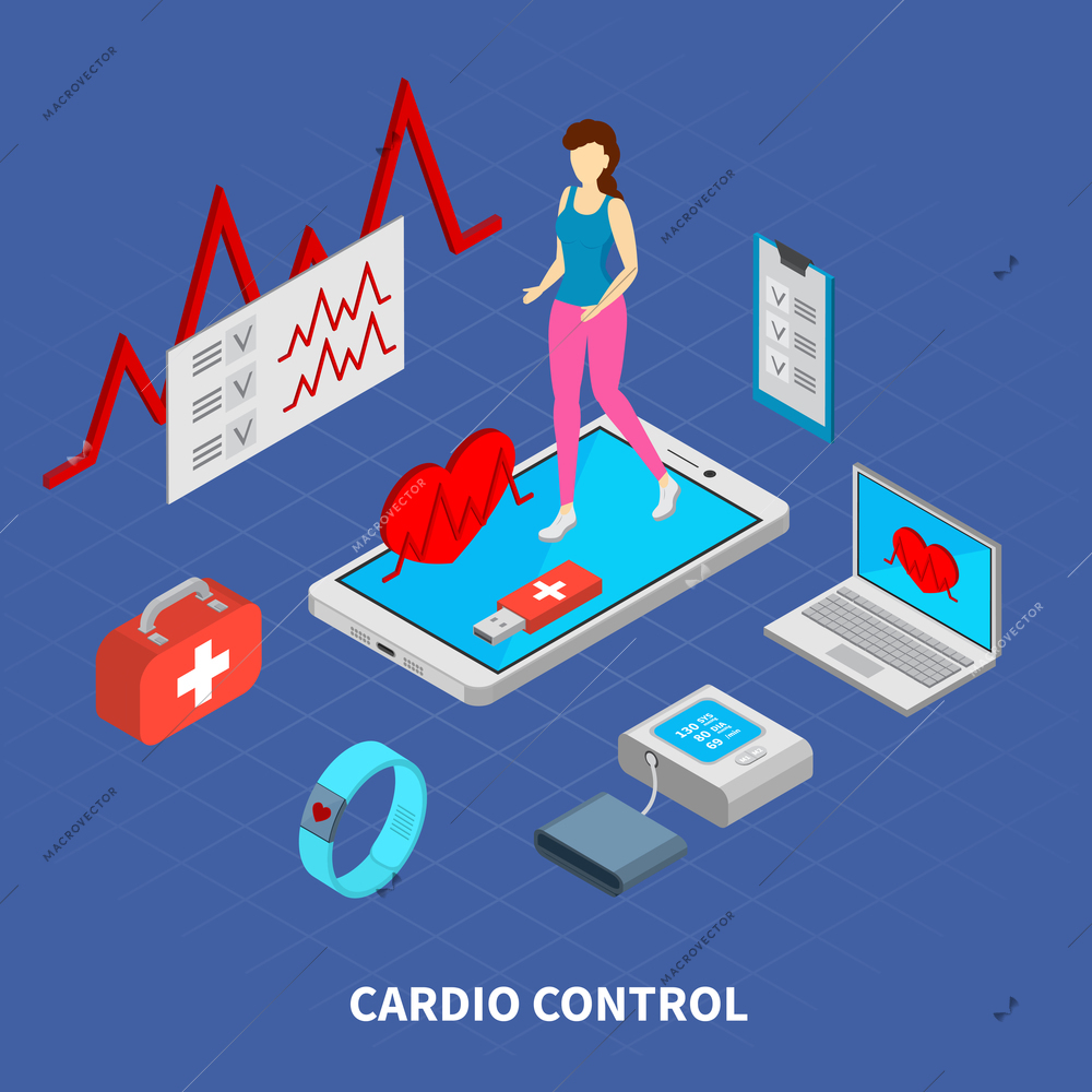 Mobile medicine composition with cardio control  symbols isometric vector illustration