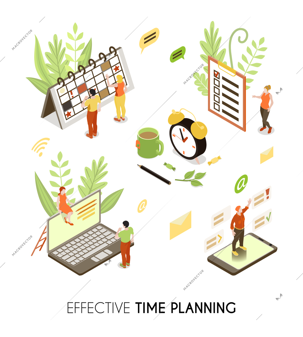 Effective time planning isometric background with people making business schedule and routine management vector illustration